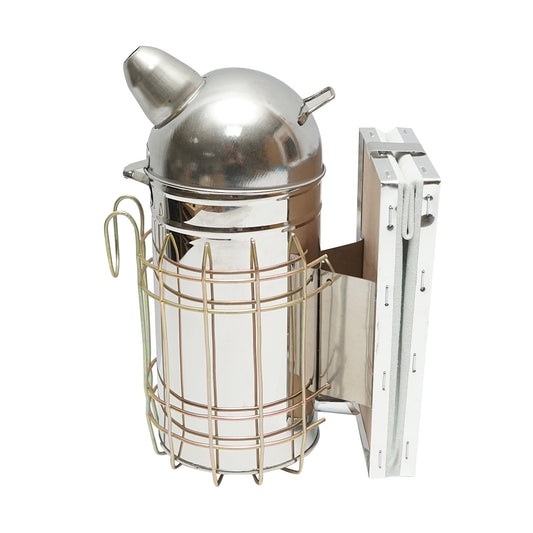 Méhészeti füstölő, rozsdamentes acél, hővédő hengerrel és bőrfújtatóval, 250 mm