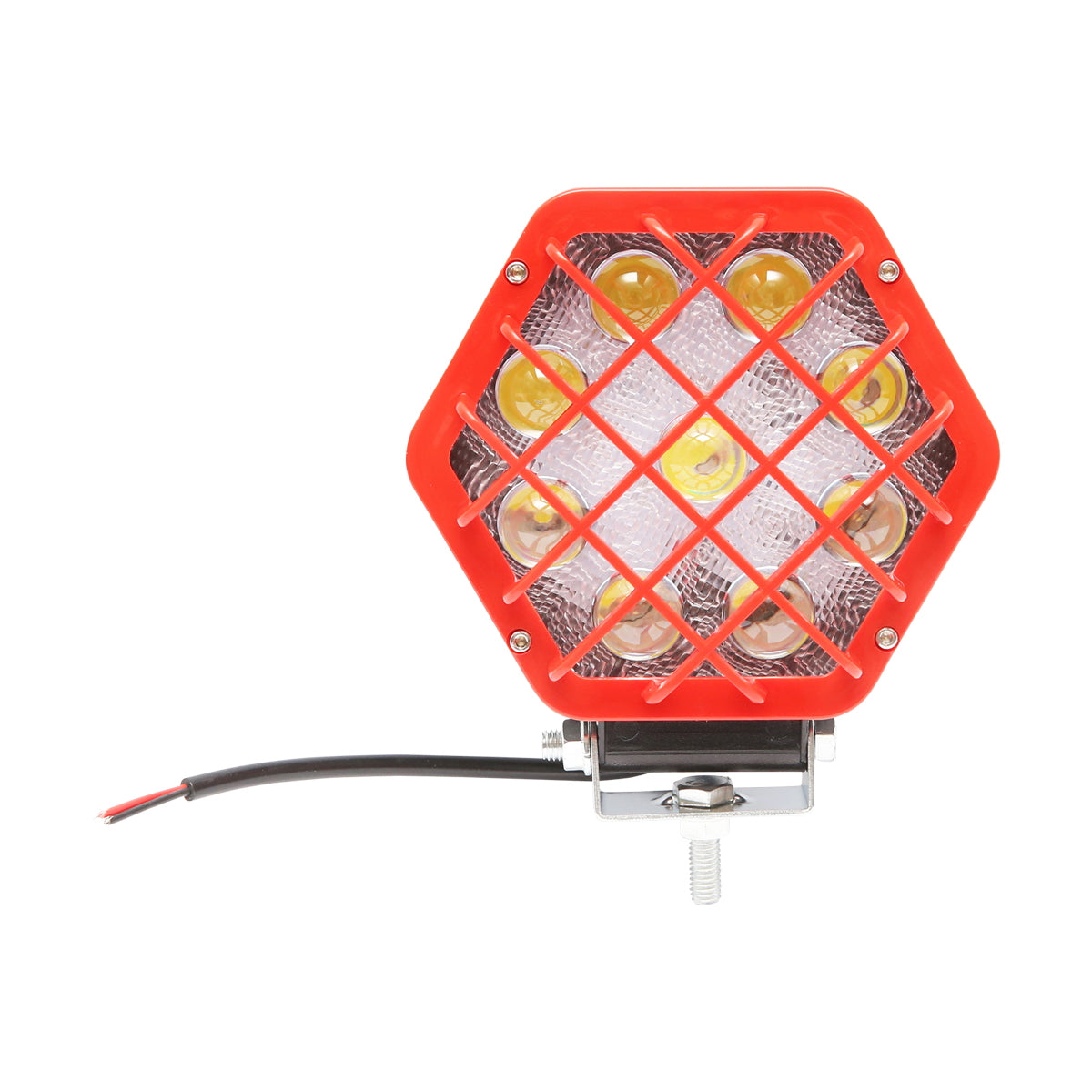 Hatszögletű reflektor, piros műanyag ráccsal, 9 LED, 30° sugárzási szög, DC 10–80V, 27W, Breckner Germany