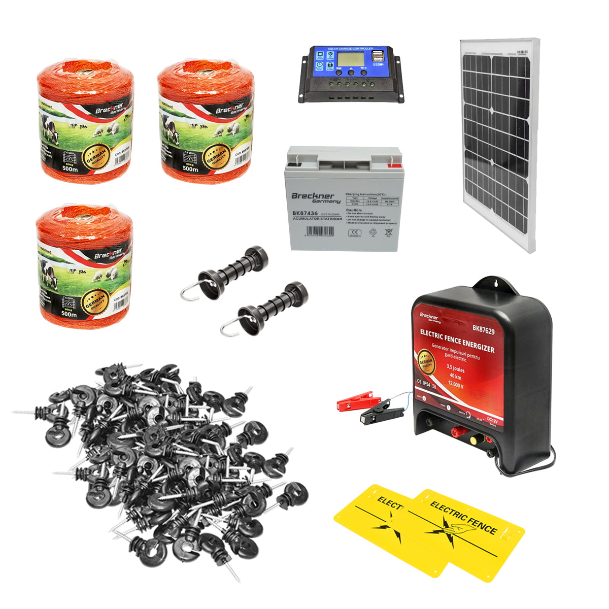 Teljes elektromos kerítéskészlet, 12 V, 4 Joule, 1500 m vezeték, 20 W napelemmel, 12 V / 12 Ah akkumulátorral, 200 szigetelővel és kapufogantyúval, Breckner Germany