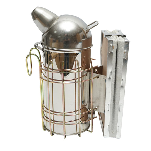 Méhészeti füstölő, rozsdamentes acél, hővédő hengerrel és bőrfújtatóval, 210 mm