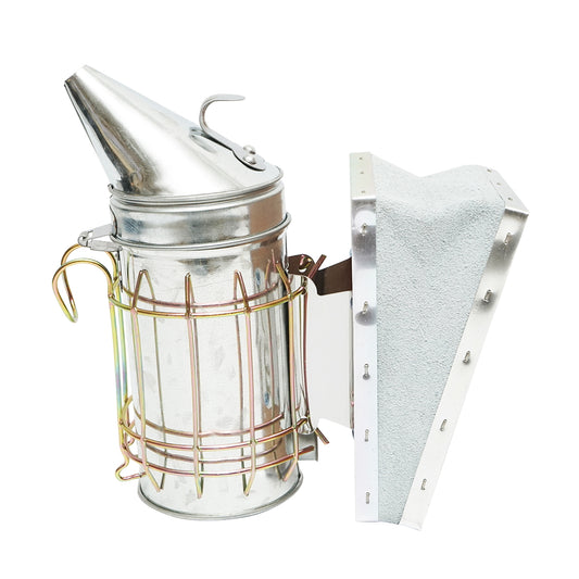 Méhészeti füstölő, rozsdamentes acél, hővédő hengerrel és bőrfújtatóval, 160 mm