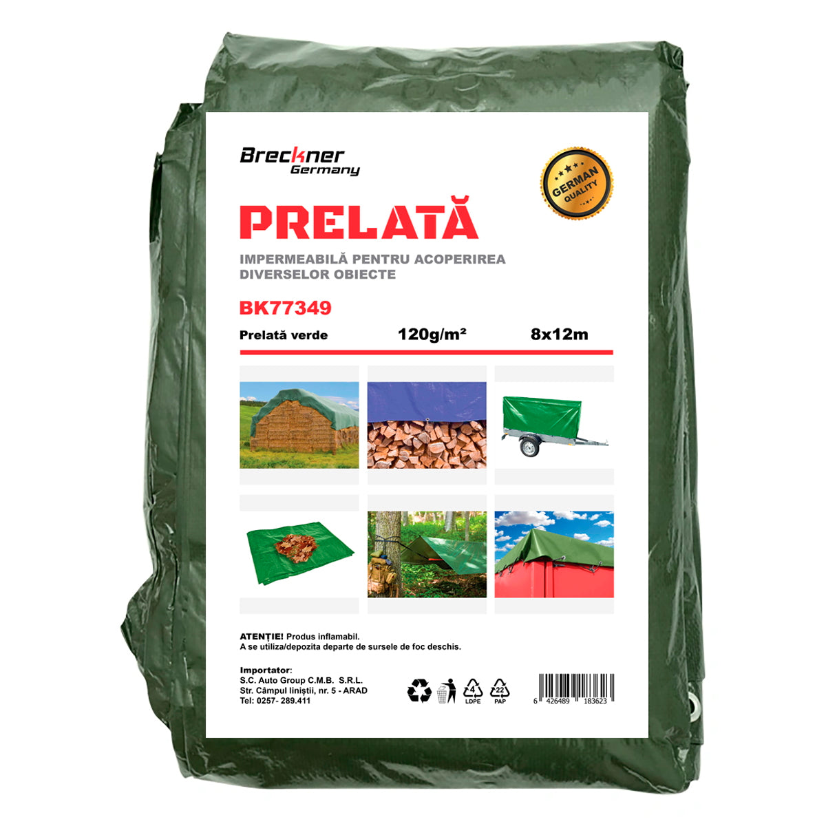 Zöld ponyva rögzítőszemekkel, 120g/m², 8x12 m, Breckner Germany