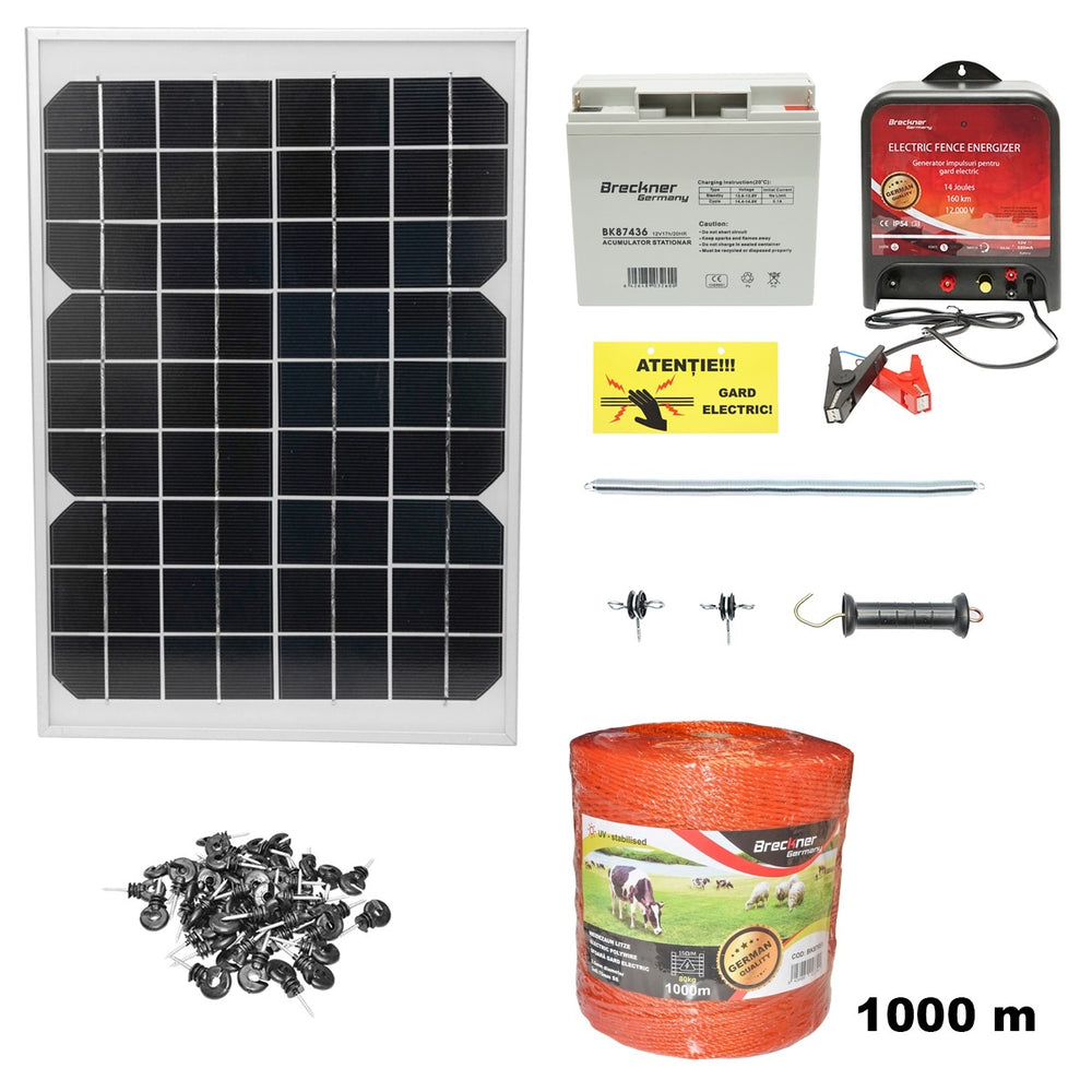 Teljes elektromos kerítéskészlet, 12 v, 14 joule, 20 w napelemmel, 1000 m vezeték, 100 szigetelő, kapukészlet és 1×12 v / 7 ah akkumulátor, BRECKNER GERMANY