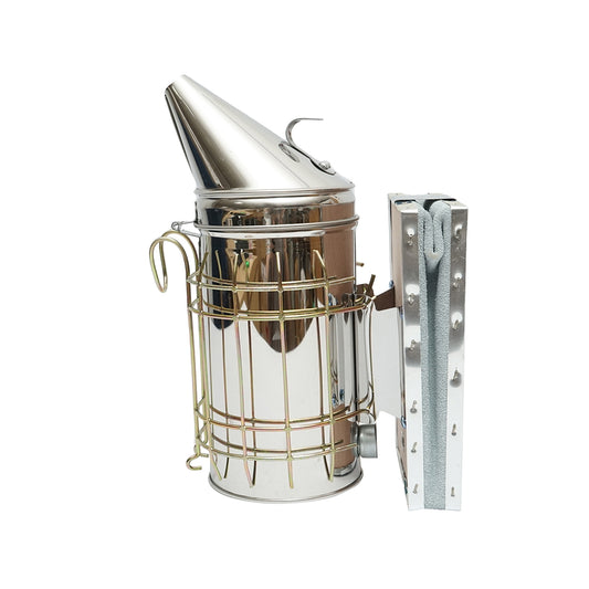 Méhészeti füstölő, rozsdamentes acél, hővédő hengerrel és bőrfújtatóval, 190 mm