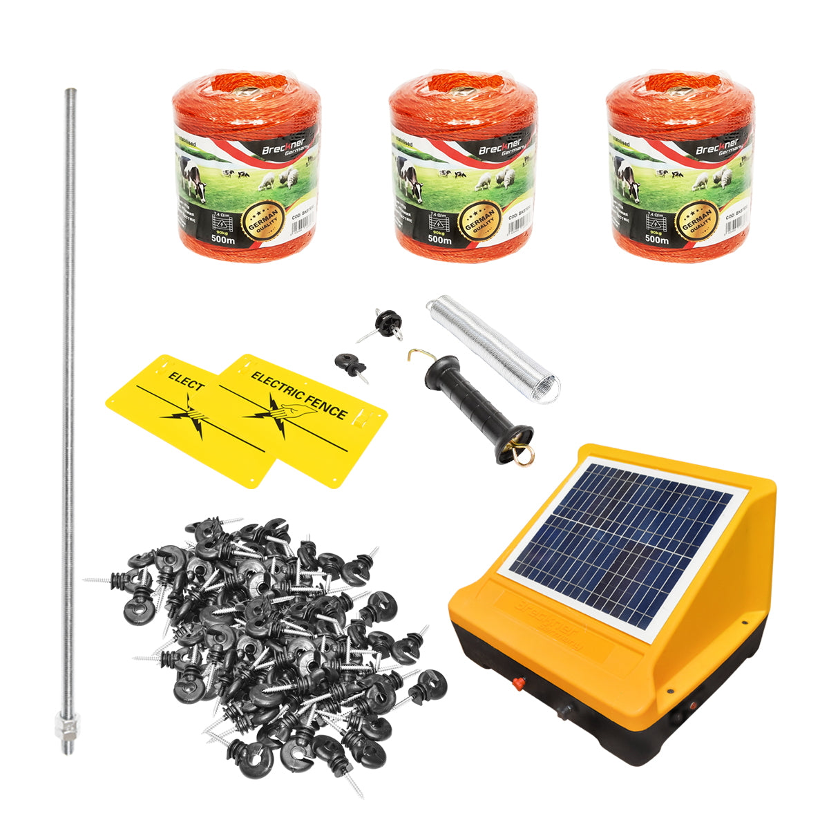 Elektromos kerítéskészlet, 12 V, 4 Joule, 20 W napelemmel, 12 V / 12 Ah akkumulátorral, 1500 m elektromos vezeték, Breckner Germany