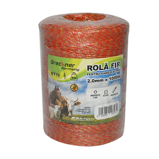 Elektromos kerítés dróttekercs, sárga-piros, 2 mm átmérő, 6×0,15 mm rozsdamentes acél betéttel, ellenállás 5,5 Ohm/m, 1000 m, Breckner Germany