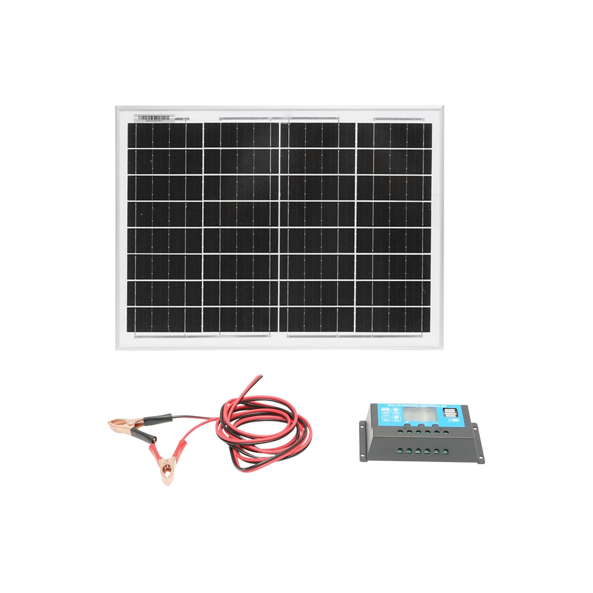 Monokristályos fotovoltaikus napelem 20W 400x300x17mm, töltésszabályozó 12/24V 10Ah, kábel 1.5/2m Breckner Germany