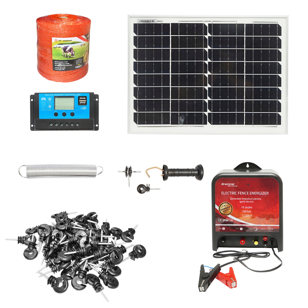 Teljes elektromos kerítéskészlet, 12 V, 14 Joule, 1000 m vezeték, 20 W napelemmel és 100 szigetelővel, Breckner Germany