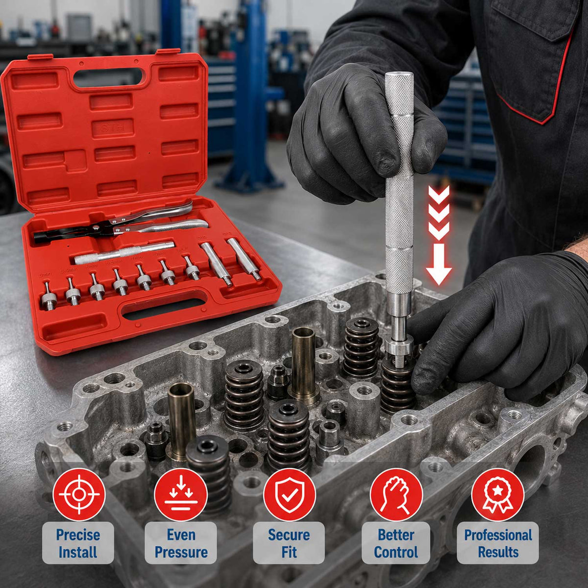Szelepszárszimering szerelő fogó és adapter készlet 11 db GEBO TOOLS