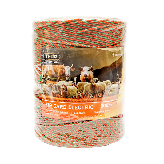 Elektromos kerítés dróttekercs, narancssárga-zöld, 3 mm átmérő, 3×0,2 mm rozsdamentes acél és 2×0,25 mm betéttel, ellenállás 0,2 Ohm/m, 500 m, Thor
