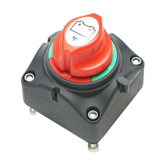 Főkapcsoló akkumulátorhoz, 12–50V, max. 200A, méret: 70x70x75 mm