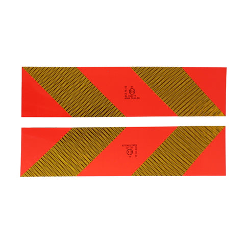 2 DARAB FÉNYVISSZAVERŐ, SÁRGA-PIROS CSÍKOS LEMEZ NYERGES VONTATÓHOZ, 57X13,5 CM