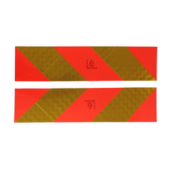 2 DARAB FÉNYVISSZAVERŐ, SÁRGA-PIROS CSÍKOS LEMEZ NYERGES VONTATÓHOZ, 57X13,5 CM