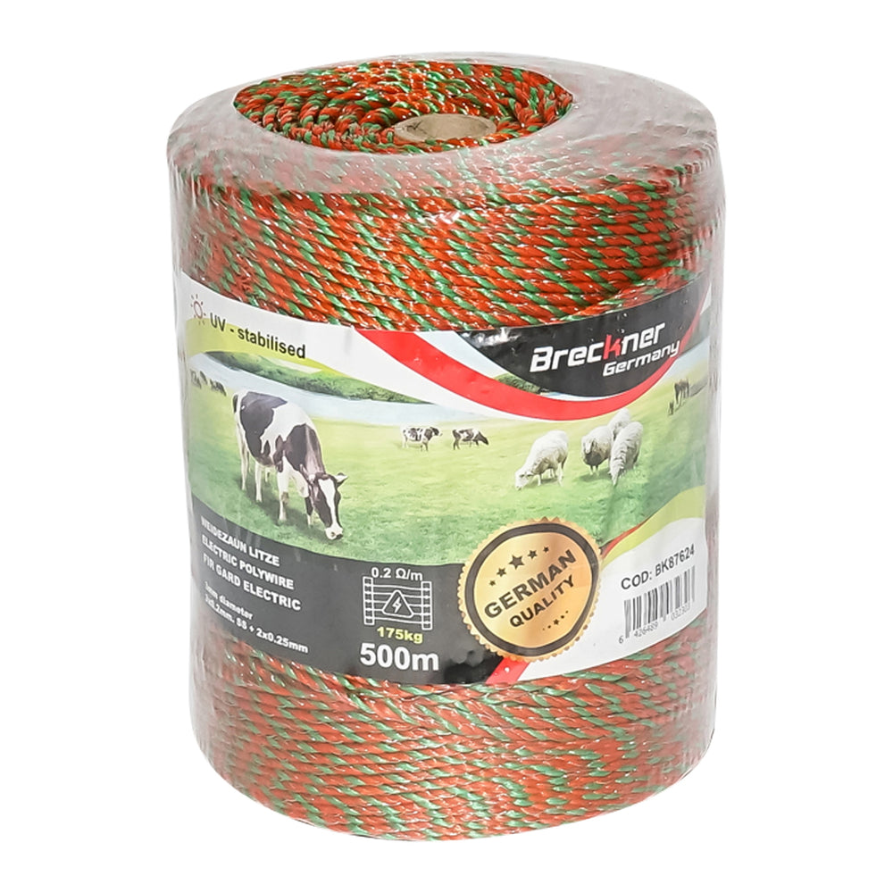 Elektromos kerítés dróttekercs, narancssárga-zöld, 3 mm átmérő, 3×0,2 mm rozsdamentes acél és 2×0,25 mm réz betéttel, 500 m, BRECKNER GERMANY