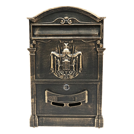 Antik aranyozott postaláda 410X260X90mm 2 kulccsal, rögzítő tartozékokkal