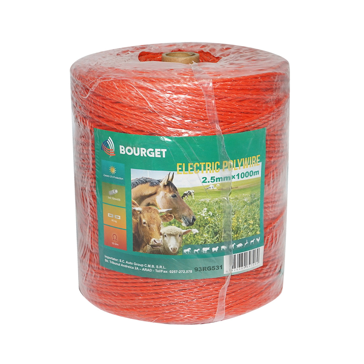 Elektromos kerítés dróttekercs, narancssárga, 2,5 mm átmérő, 3×0,15 mm rozsdamentes acél betéttel, ellenállás 15 Ohm/m, 1000 m, Bourget