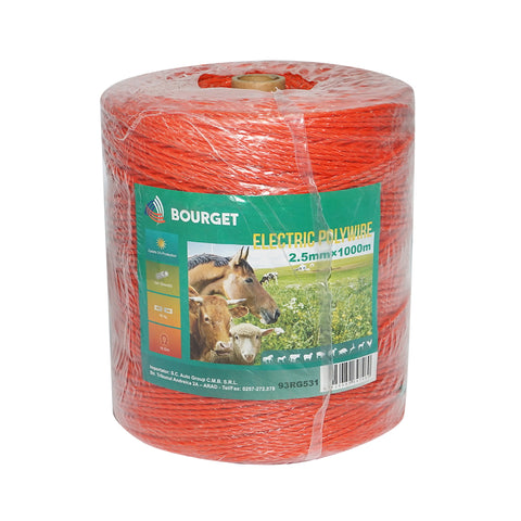 Elektromos kerítés dróttekercs, narancssárga, 2,5 mm átmérő, 3×0,15 mm rozsdamentes acél betéttel, ellenállás 15 Ohm/m, 1000 m, Bourget