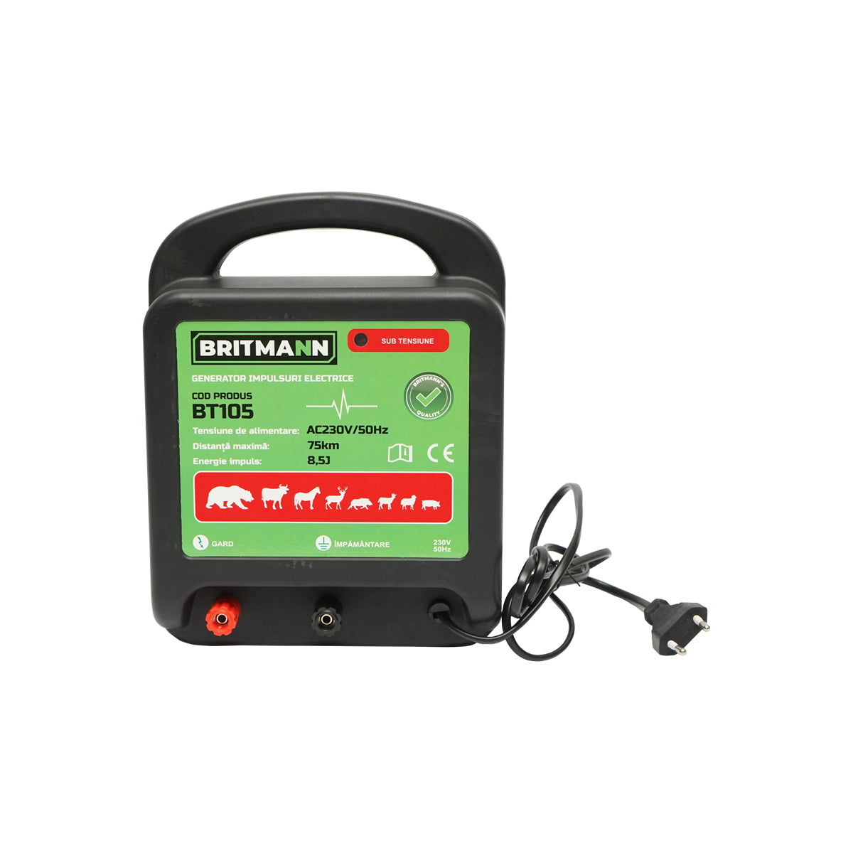 Impulzusgenerátor elektromos kerítéshez, AC 230 V / 50 Hz, 8,5 Joule, 75 km hatótáv, Britmann