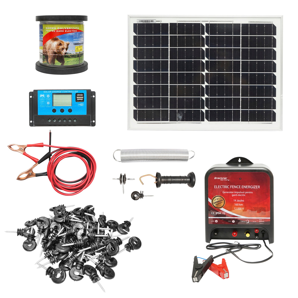 Teljes elektromos kerítéskészlet, 12 V, 14 Joule, 1000 m huzal, 20 W napelemmel és 100 szigetelővel, Breckner Germany