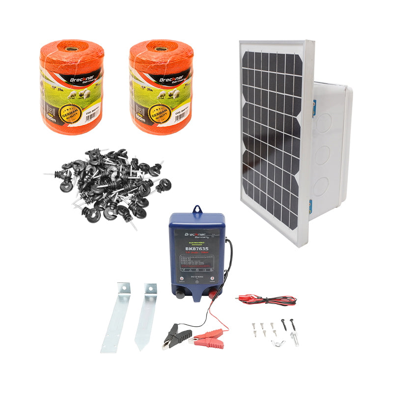 Teljes elektromos kerítéskészlet, 12 V, 1 Joule, 1000 m vezeték, 20 W napelemmel, 12 V / 17 Ah akkumulátorral, 12–24 V / 10 Ah szabályzóval, 2 USB porttal, 100 szigetelő, Breckner Germany
