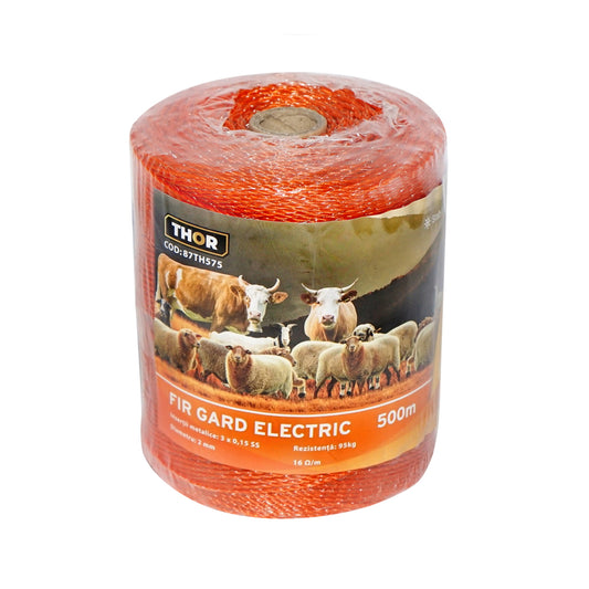 Elektromos kerítés dróttekercs, narancssárga, 2 mm átmérő, 3×0,15 mm rozsdamentes acél betéttel, ellenállás 16 Ohm/m, 500 m, Thor