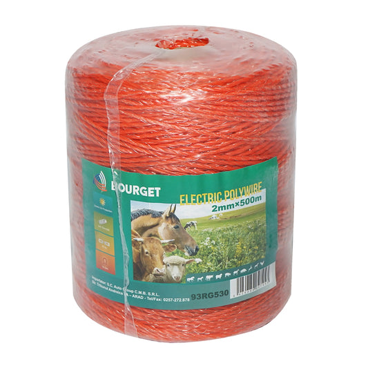Elektromos kerítés dróttekercs, narancssárga, 2 mm átmérő, 3×0,15 mm rozsdamentes acél betéttel, ellenállás 15 Ohm/m, 500 m, Bourget