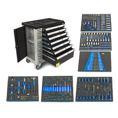 PROFESSZIONÁLIS FELSZERELT SZERSZÁMOS KOCSI – SZERSZÁMOS SZEKRÉNY HBM 7 FIÓKKAL, 245 DARABOS KÉSZLET, 6 SZÉNMODUL – HOLLANDIA, PRÉMIUM