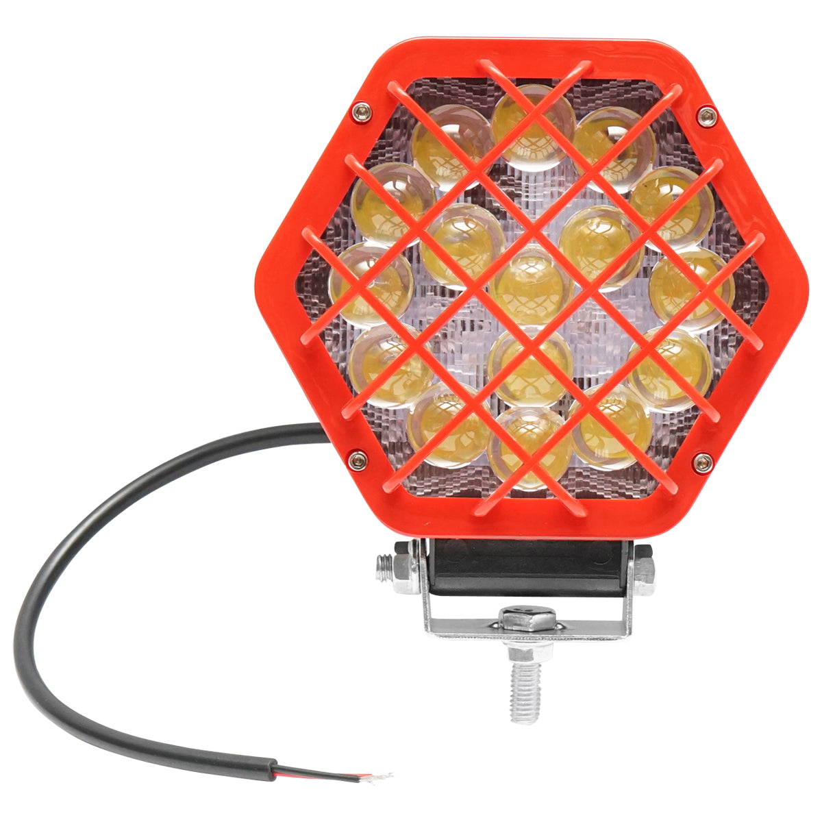 Hatszögletű lámpa piros műanyag ráccsal, 16 LED, DC 10–60V, 48W, 30° sugárzási szög