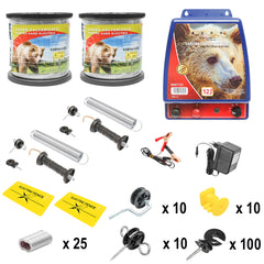 TELJES ELEKTROMOS KERÍTÉSKÉSZLET, 12/220 V, 9,4 JOULE, 2000 M HUZAL, 100 SZIGETELŐ ÉS FIGYELMEZTETŐTÁBLÁK, BRITMANN