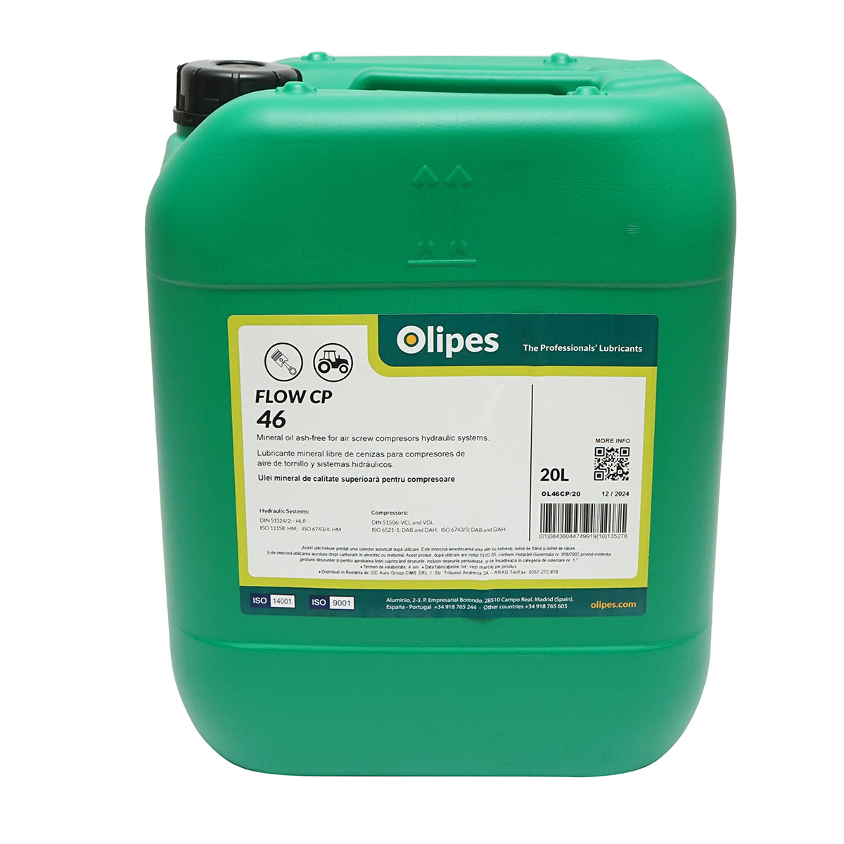 Ásványi olaj Olipes FLOW CP 46 kompresszorokhoz, pneumatikus szerszámokhoz, vákuumszivattyúkhoz, 20L