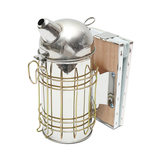 Méhészeti füstölő, rozsdamentes acél, 160 mm, hővédő hengerrel és bőrfújtatóval