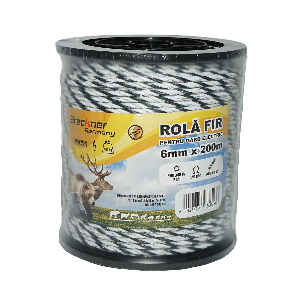 Elektromos kerítés dróttekercs, fehér-fekete, 6 mm átmérő, 6×0,3 mm rozsdamentes acél betéttel, ellenállás 1,95 Ohm/m, 200 m, Breckner Germany