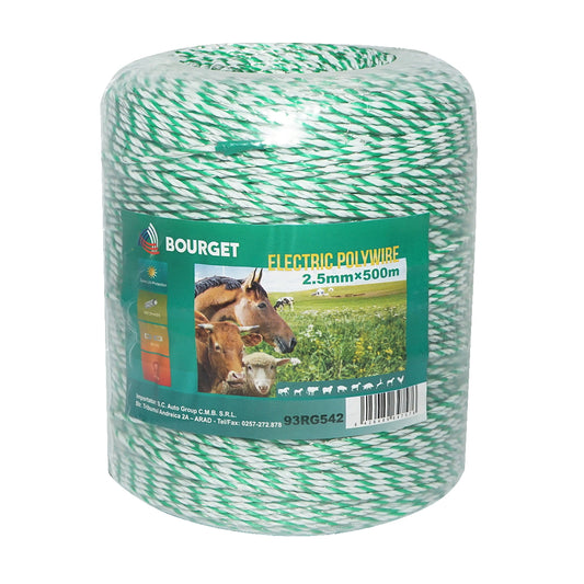 Fehér-zöld drót tekercs elektromos kerítéshez 2.5mm 4x0.2mm SS, 500m ellenállás 7 Ohm Bourget