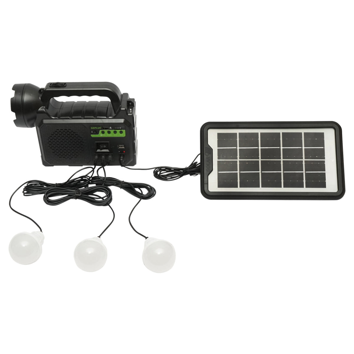 Hordozható LED világítási készlet 3 izzóval/projektorral, FM rádióval, MP3-mal, napelemmel és 3.7V, 4500 mAh akkumulátorral, horgászathoz, kempingezéshez, GD-P30FM