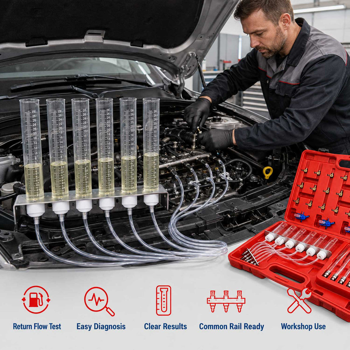 Üzemanyag-visszatérési szivárgásellenőrző készlet – COMMON RAIL dízel injektor áramlási tesztkészlet, adapter 6 hengeres motorokhoz GEBO TOOLS