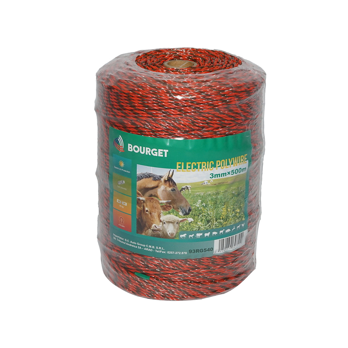 Narancssárga-fekete drót tekercs elektromos kerítéshez 3mm 5x0.2mm SS, 500m, ellenállás 4.5 Ohm Bourget