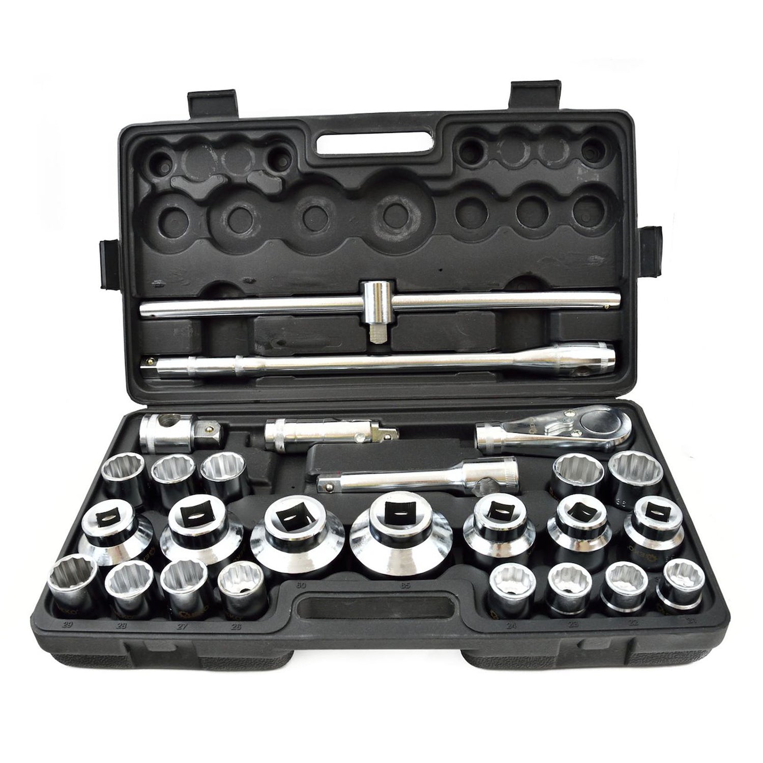 TIZENKÉTSZÖGŰ DUGÓKULCS KÉSZLET RACSNIVAL 3/4" 1" 21-65 MM 26 DB GEKO