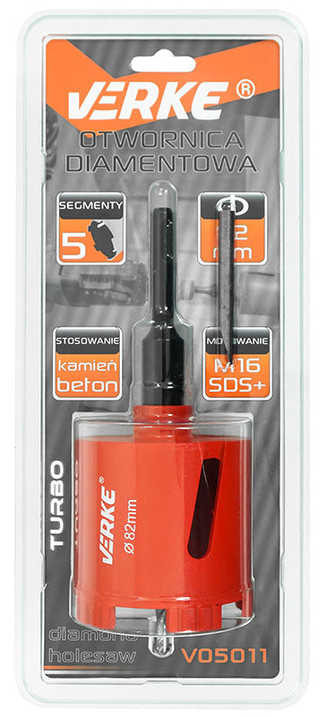 GYÉMÁNTOZOTT LYUKFÚRÓ 82 MM 5 TURBÓ SZEGMENSSEL, M16 SDS PLUS, BETONHOZ ÉS TÉGLÁHOZ VERKE