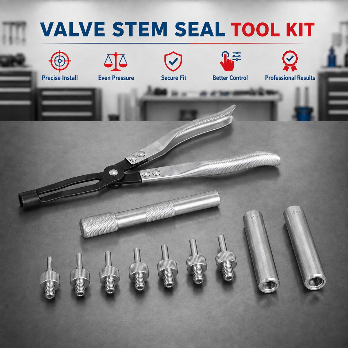 Szelepszárszimering szerelő fogó és adapter készlet 11 db GEBO TOOLS