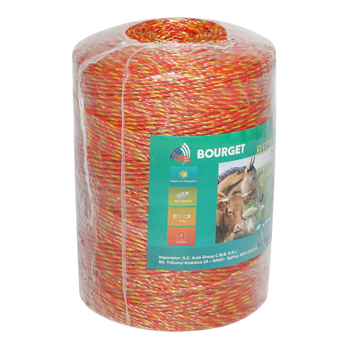 Elektromos kerítés dróttekercs, sárga-piros, 2 mm átmérő, 6×0,16 mm rozsdamentes acél betéttel, ellenállás 5,5 Ohm/m, 500 m, Bourget