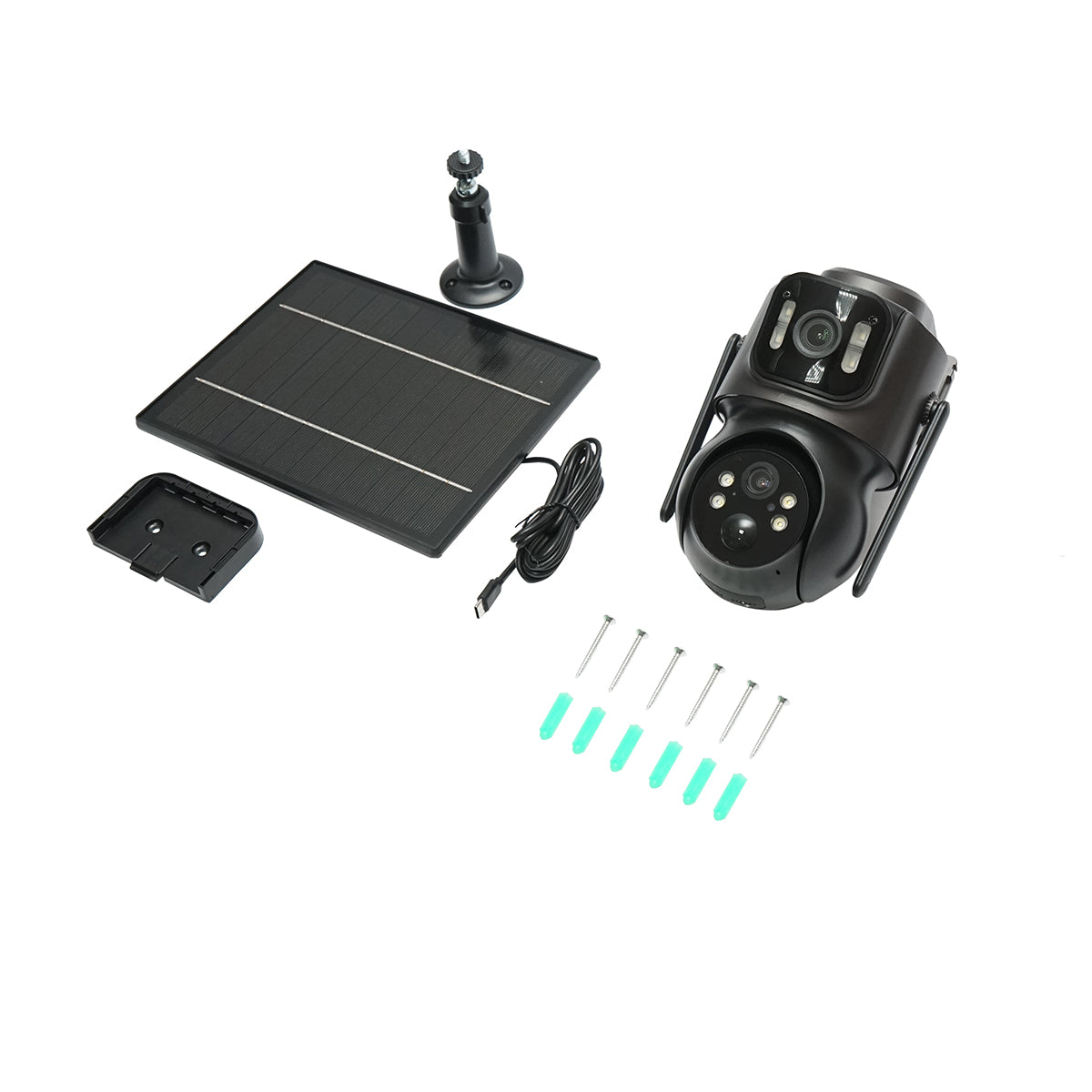 Dupla lencsés megfigyelő kamera, 4 MP, 7.6W napelemmel, 18650 mAh gyors­töltésű akkumulátorral, WIFI 2.4 GHz, 360° forgatható PTZ, mozgásérzékelővel, PIR emberi jelenlét érzékeléssel, riasztással, éjjellátással és iCSee alkalmazással