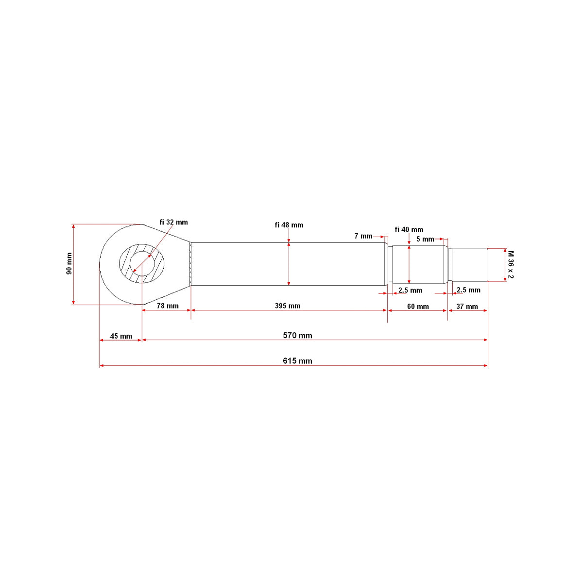 Hidraulikus munkahenger szár 48 mm átmérővel, 570 mm hosszban Erdei traktorhoz