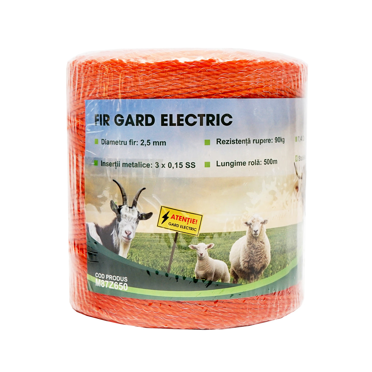Elektromos kerítés dróttekercs, narancssárga, 2,5 mm átmérő, 3×0,15 mm rozsdamentes acél betéttel, ellenállás 7,4 Ohm/m, 500 m, Mezofarm