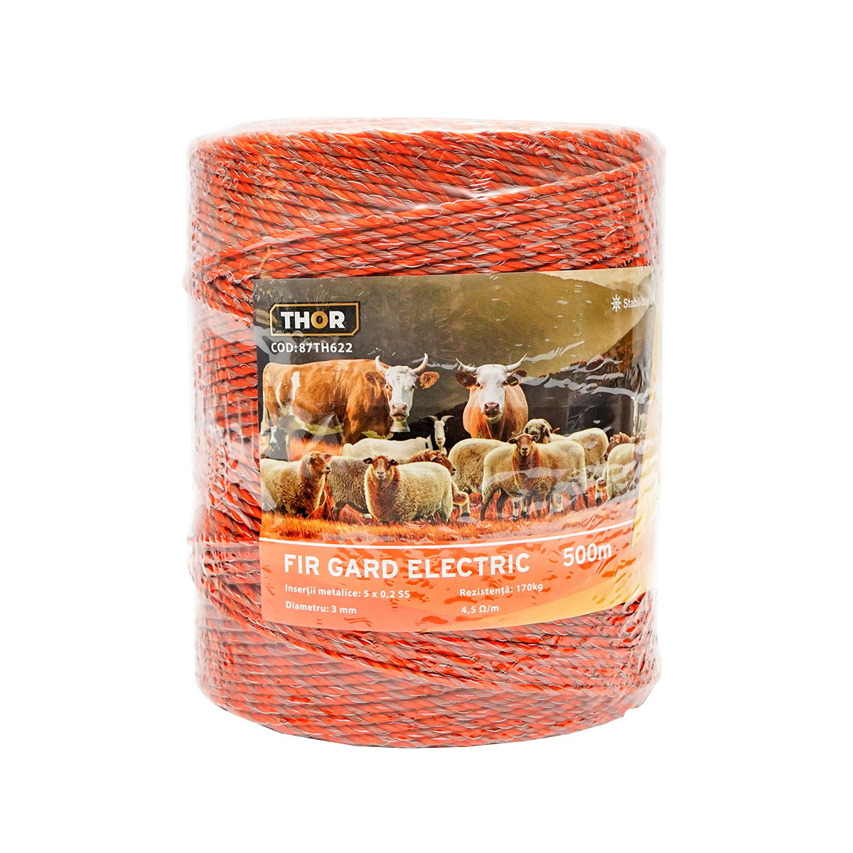 Elektromos kerítés dróttekercs, narancssárga-barna, 3 mm átmérő, 5×0,2 mm rozsdamentes acél betéttel, ellenállás 4,5 Ohm/m, 500 m, Thor