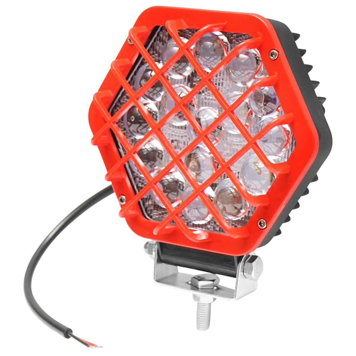 Hatszögletű lámpa piros műanyag ráccsal, 16 LED, DC 10–60V, 48W, 30° sugárzási szög