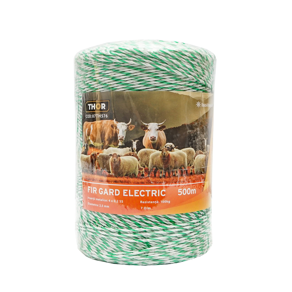 Elektromos kerítés dróttekercs, fehér-zöld, 2,5 mm átmérő, 4×0,2 mm rozsdamentes acél betéttel, ellenállás 7 Ohm/m, 500 m, Thor