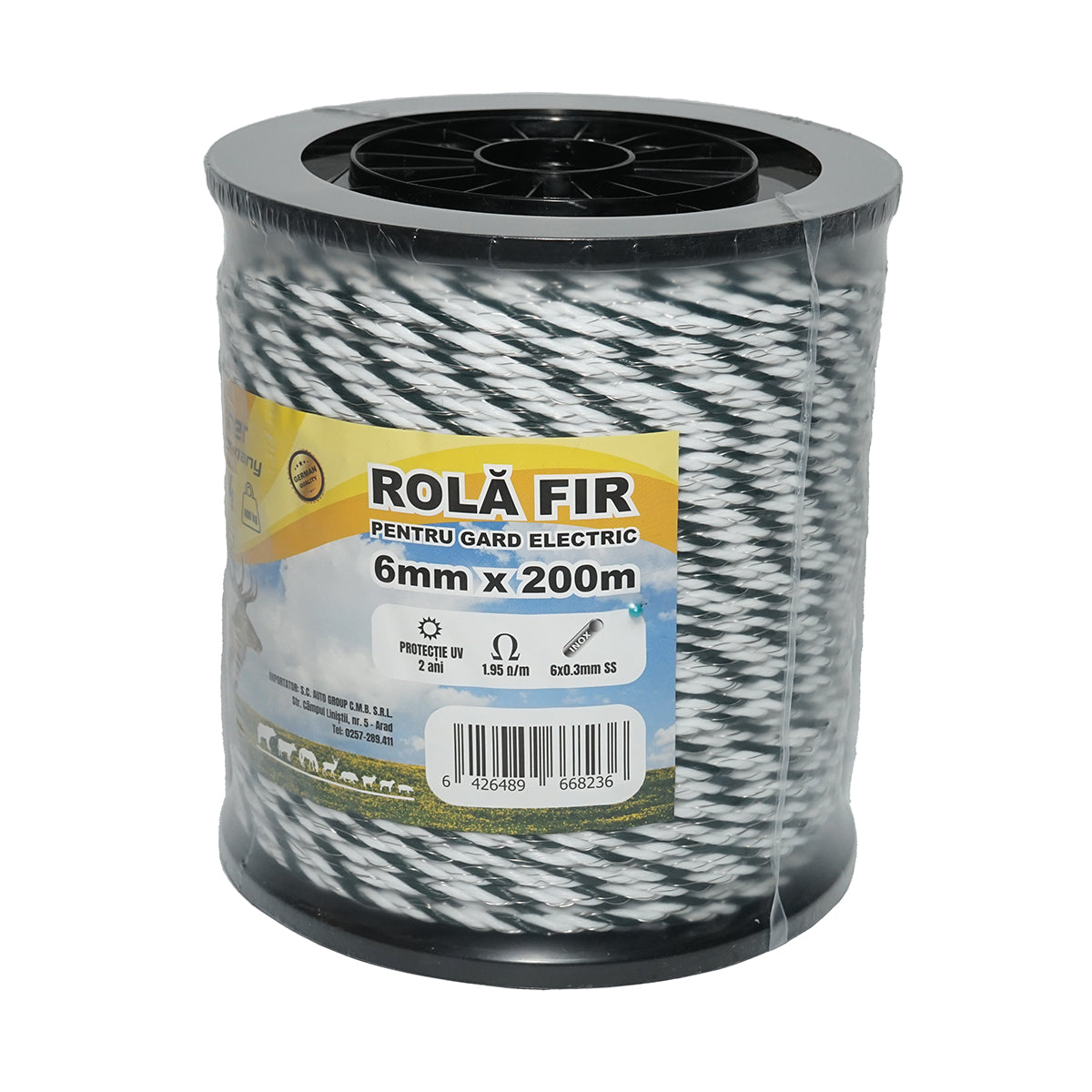 Elektromos kerítés dróttekercs, fehér-fekete, 6 mm átmérő, 6×0,3 mm rozsdamentes acél betéttel, ellenállás 1,95 Ohm/m, 200 m, Breckner Germany