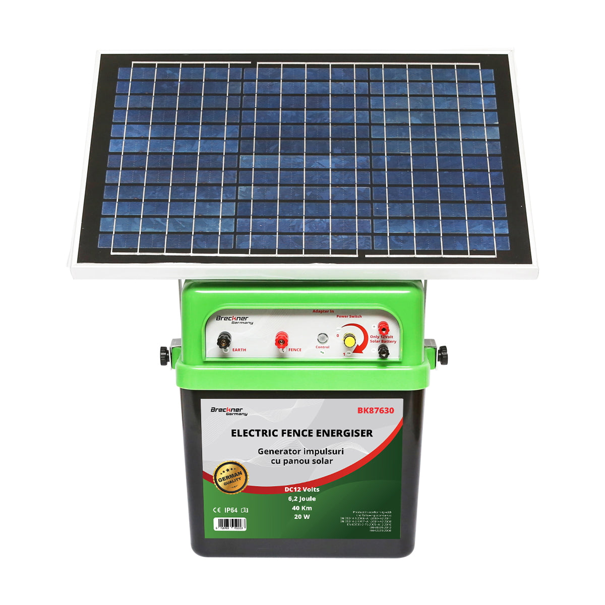 Impulzusgenerátor elektromos kerítéshez, 12 V, 6,2 Joule, 40 km hatótáv, 20 W napelemmel, Breckner Germany
