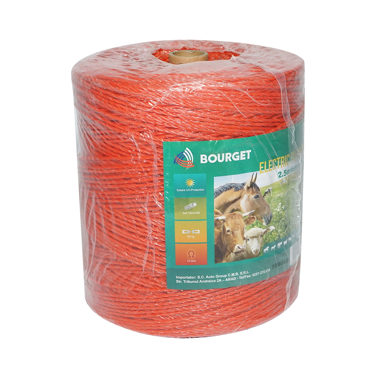 Elektromos kerítés dróttekercs, narancssárga, 2,5 mm átmérő, 3×0,15 mm rozsdamentes acél betéttel, ellenállás 15 Ohm/m, 1000 m, Bourget
