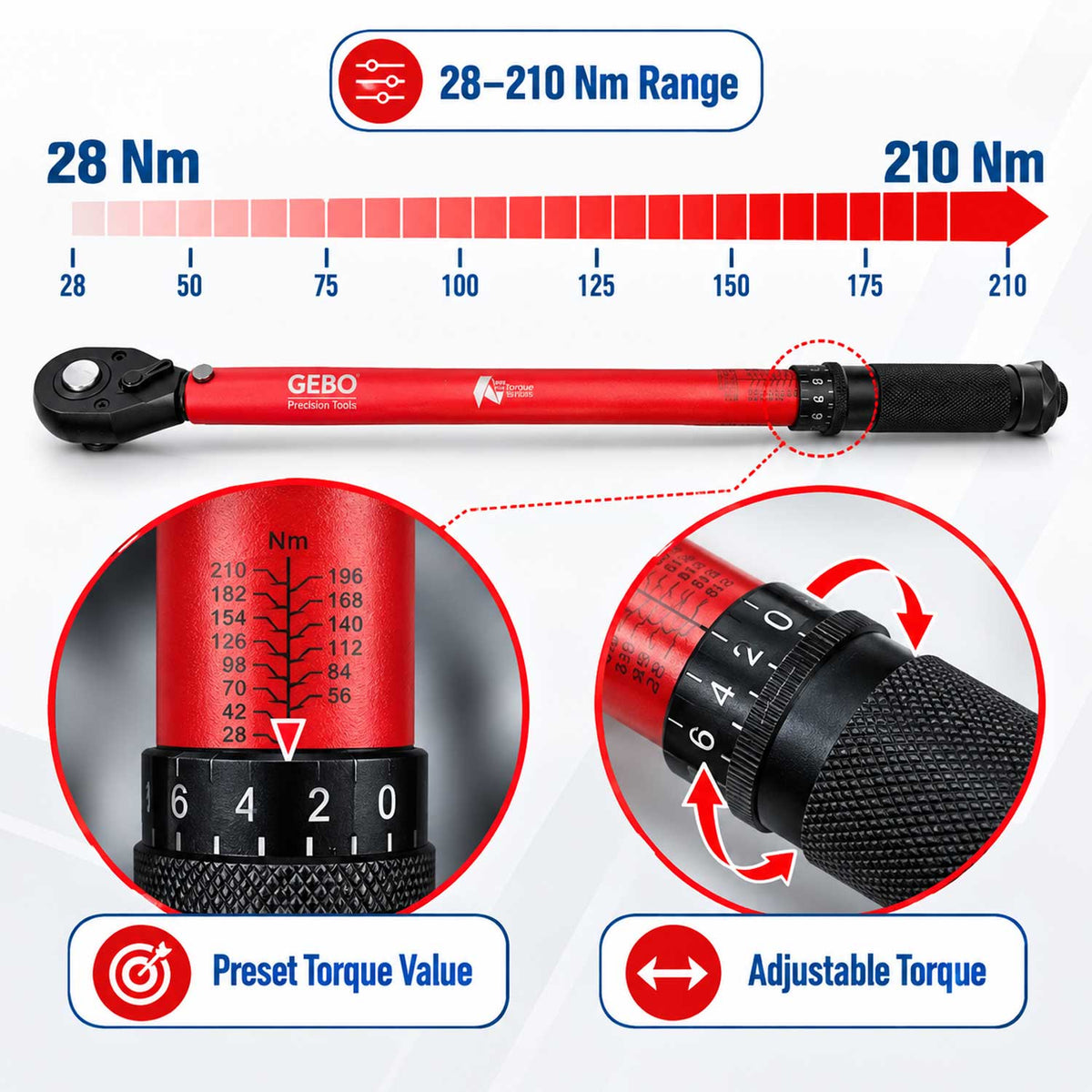 Nyomatékkulcs 1/2" 28-210 NM GEBO TOOLS